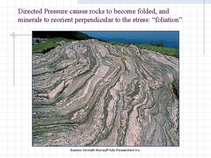 Directed Pressure causes rocks to become folded, and minerals to reorient perpendicular to the