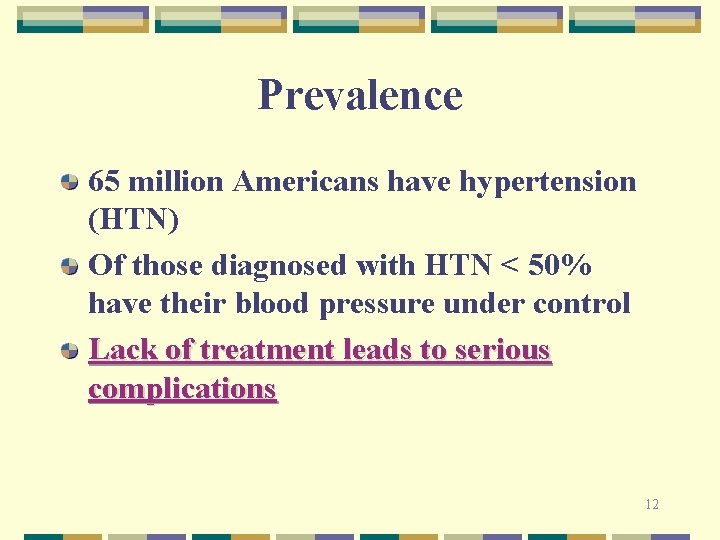 Prevalence 65 million Americans have hypertension (HTN) Of those diagnosed with HTN < 50%