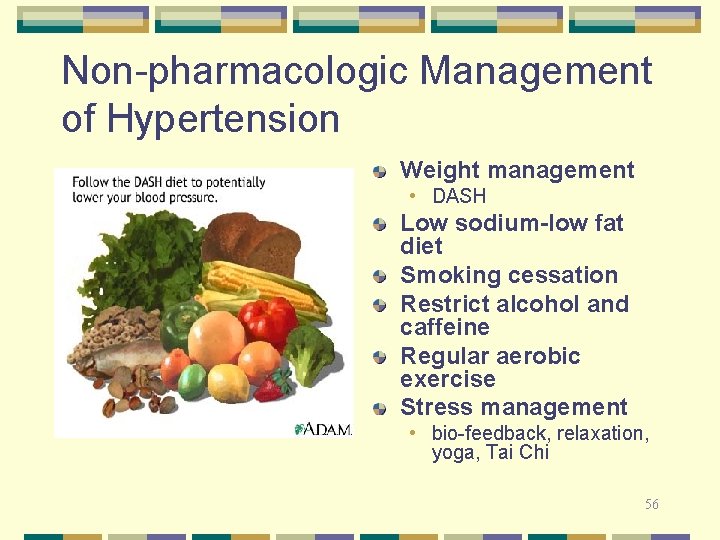 Non-pharmacologic Management of Hypertension Weight management • DASH Low sodium-low fat diet Smoking cessation