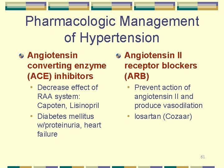 Pharmacologic Management of Hypertension Angiotensin converting enzyme (ACE) inhibitors Angiotensin II receptor blockers (ARB)