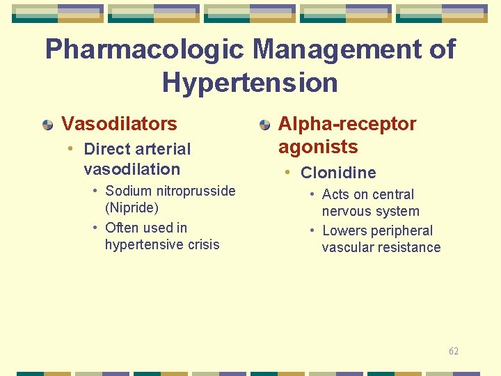Pharmacologic Management of Hypertension Vasodilators • Direct arterial vasodilation • Sodium nitroprusside (Nipride) •