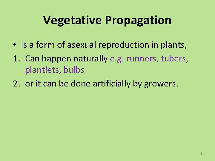 Vegetative Propagation • Is a form of asexual reproduction in plants, 1. Can happen