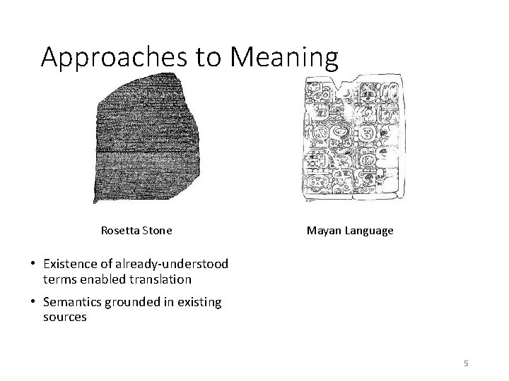 Approaches to Meaning Rosetta Stone Mayan Language • Existence of already-understood terms enabled translation