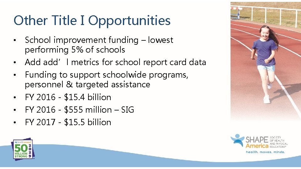 Other Title I Opportunities • School improvement funding – lowest performing 5% of schools