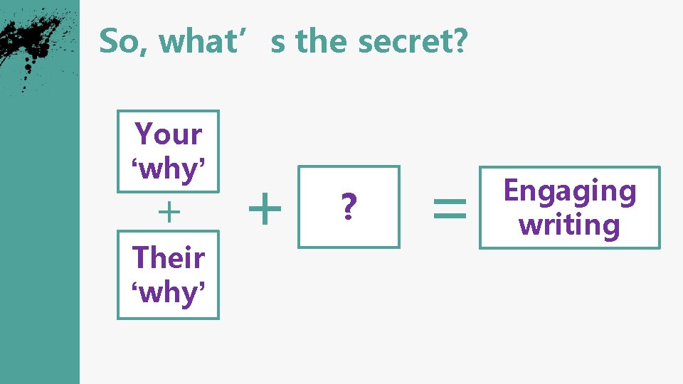So, what’s the secret? Your ‘why’ + Their ‘why’ + ? = Engaging writing