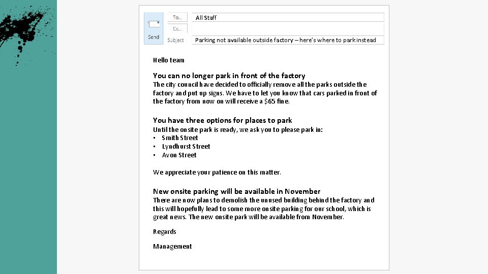 All Staff Parking not available outside factory – here’s where to park instead Hello