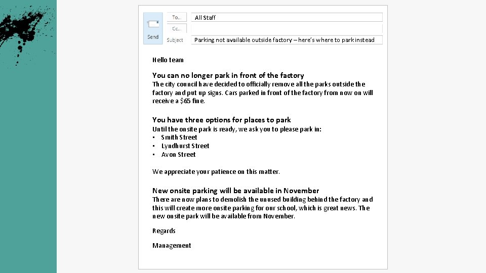 All Staff Parking not available outside factory – here’s where to park instead Hello