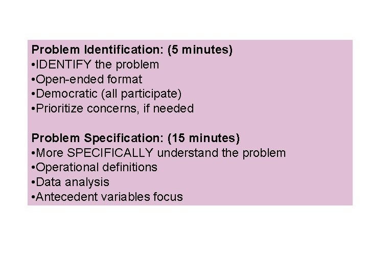 Problem Identification: (5 minutes) • IDENTIFY the problem • Open-ended format • Democratic (all Problem Identification: (5 minutes) • IDENTIFY the problem • Open-ended format • Democratic (all
