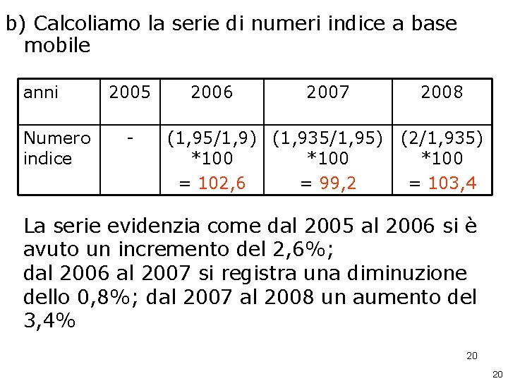 b) Calcoliamo la serie di numeri indice a base mobile anni Numero indice 2005 b) Calcoliamo la serie di numeri indice a base mobile anni Numero indice 2005