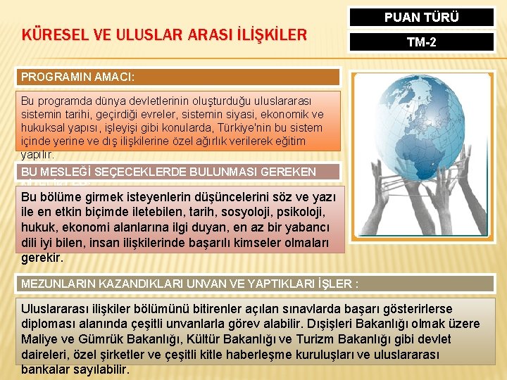 KÜRESEL VE ULUSLAR ARASI İLİŞKİLER PUAN TÜRÜ TM-2 PROGRAMIN AMACI: Bu programda dünya devletlerinin