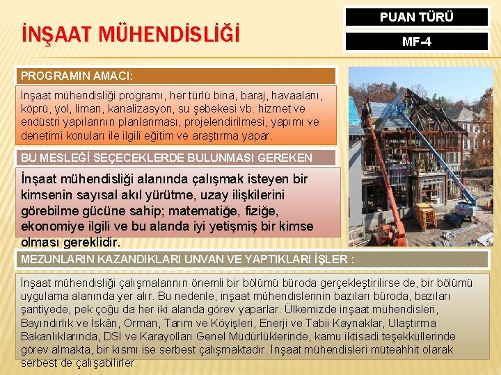 İNŞAAT MÜHENDİSLİĞİ PUAN TÜRÜ MF-4 PROGRAMIN AMACI: İnşaat mühendisliği programı, her türlü bina, baraj,