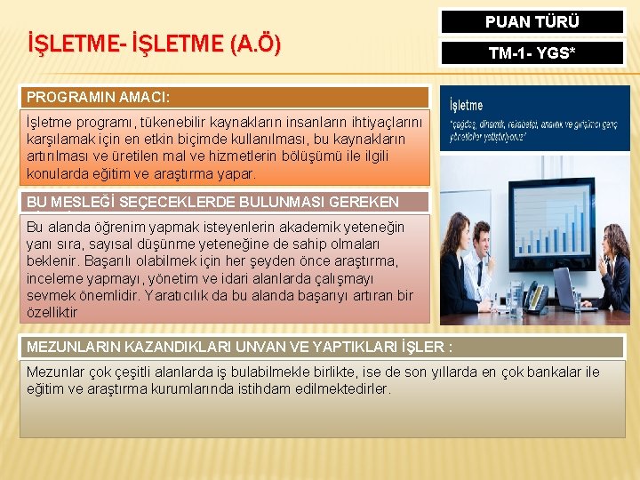 İŞLETME- İŞLETME (A. Ö) PUAN TÜRÜ TM-1 - YGS* PROGRAMIN AMACI: İşletme programı, tükenebilir