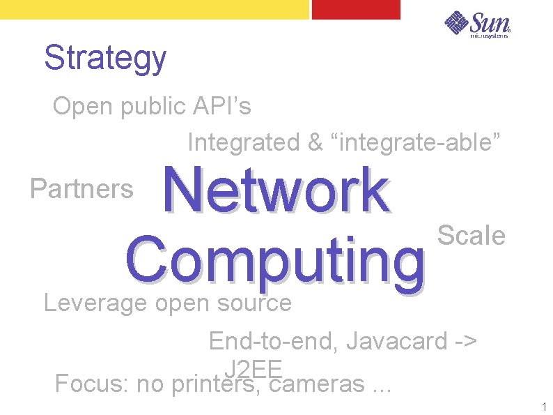 Strategy Open public API’s Integrated & “integrate-able” Network Scale Computing Partners Leverage open source Strategy Open public API’s Integrated & “integrate-able” Network Scale Computing Partners Leverage open source