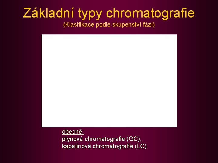 Základní typy chromatografie (Klasifikace podle skupenství fází) obecně: plynová chromatografie (GC), kapalinová chromatografie (LC)