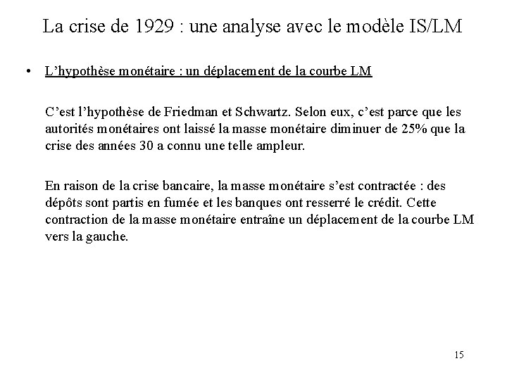 La crise de 1929 : une analyse avec le modèle IS/LM • L’hypothèse monétaire