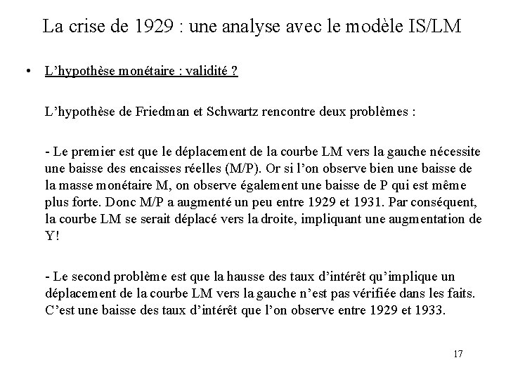 La crise de 1929 : une analyse avec le modèle IS/LM • L’hypothèse monétaire