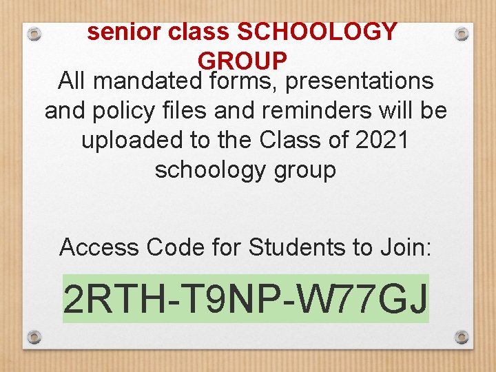 senior class SCHOOLOGY GROUP All mandated forms, presentations and policy files and reminders will