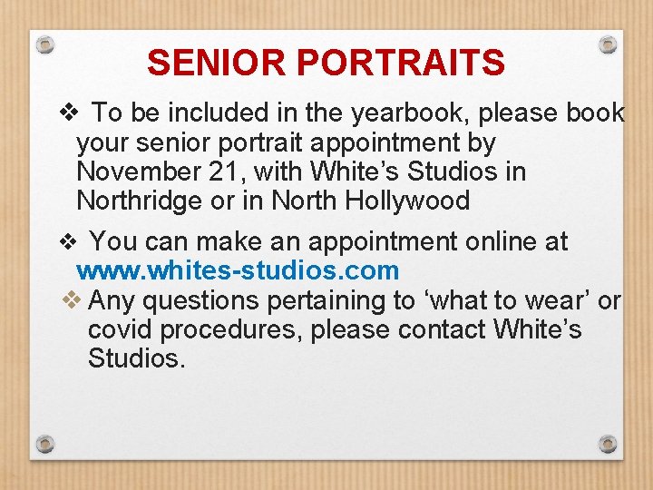 SENIOR PORTRAITS ❖ To be included in the yearbook, please book your senior portrait