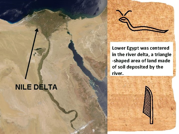 Lower Egypt was centered in the river delta, a triangle -shaped area of land