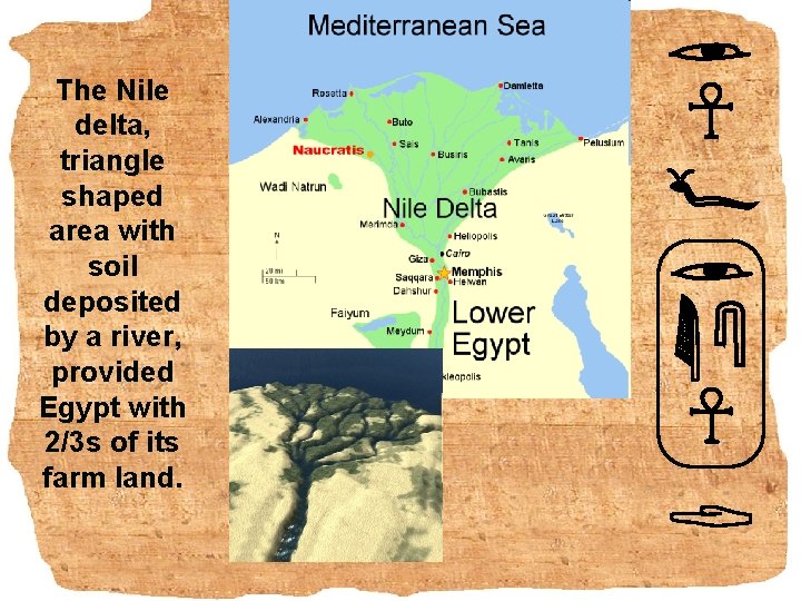 The Nile delta, triangle shaped area with soil deposited by a river, provided Egypt