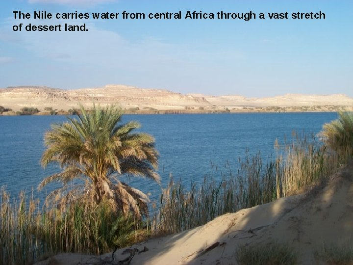 The Nile carries water from central Africa through a vast stretch of dessert land.