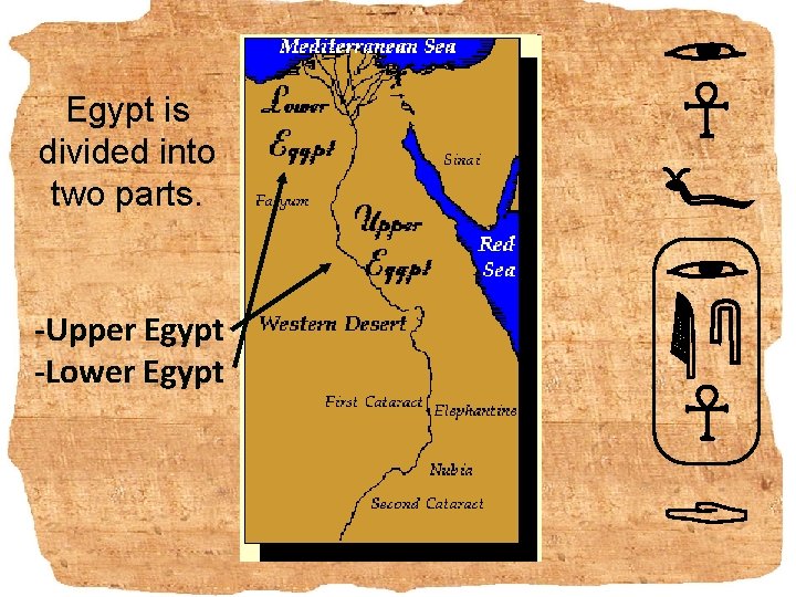 Egypt is divided into two parts. -Upper Egypt -Lower Egypt 