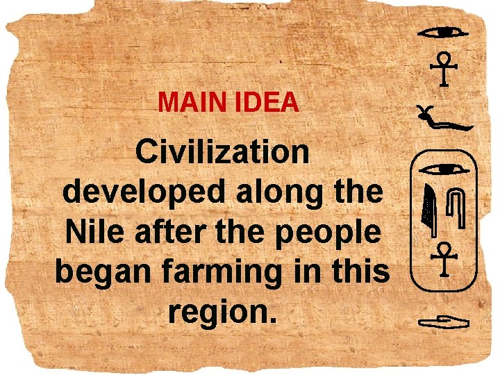MAIN IDEA Civilization developed along the Nile after the people began farming in this