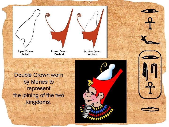 Double Crown worn by Menes to represent the joining of the two kingdoms. 