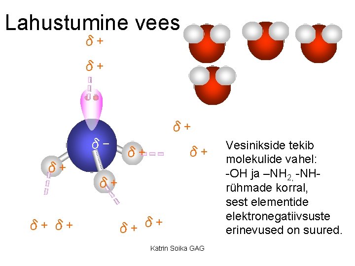 Lahustumine vees δ+ δ-δ+ δ+ δδ+ δ+ Katrin Soika GAG Vesinikside tekib molekulide vahel: