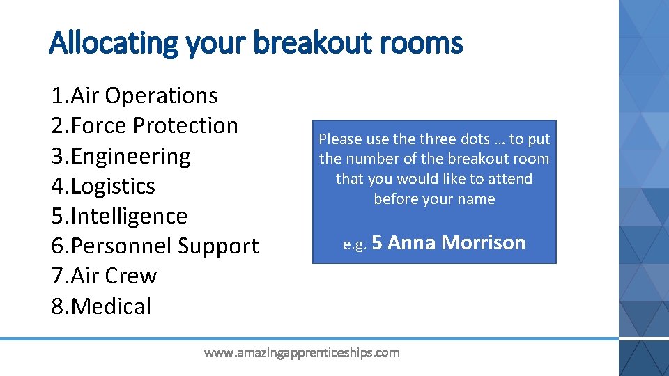 Allocating your breakout rooms 1. Air Operations 2. Force Protection 3. Engineering 4. Logistics