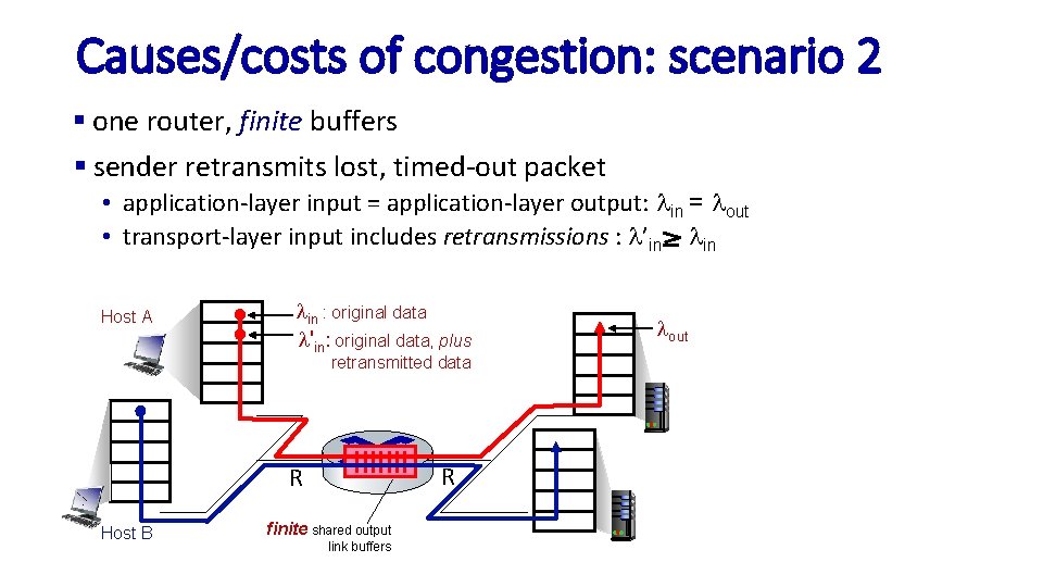 Causes/costs of congestion: scenario 2 § one router, finite buffers § sender retransmits lost,