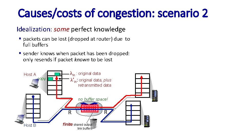 Causes/costs of congestion: scenario 2 Idealization: some perfect knowledge § packets can be lost