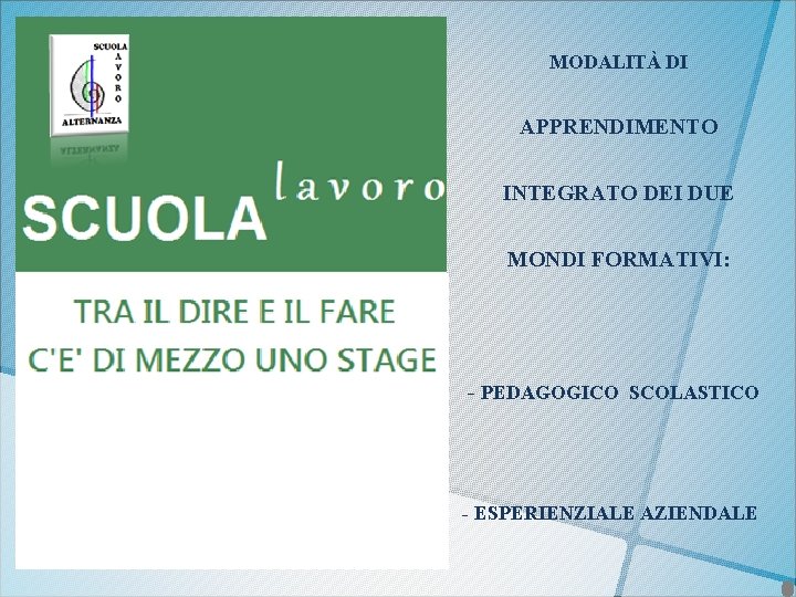 MODALITÀ DI APPRENDIMENTO INTEGRATO DEI DUE MONDI FORMATIVI: - PEDAGOGICO SCOLASTICO - ESPERIENZIALE AZIENDALE