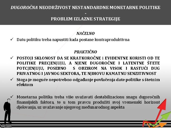 DUGOROČNA NEODRŽIVOST NESTANDARDNE MONETARNE POLITIKE PROBLEM IZLAZNE STRATEGIJE NAČELNO ü Datu politiku treba napustiti DUGOROČNA NEODRŽIVOST NESTANDARDNE MONETARNE POLITIKE PROBLEM IZLAZNE STRATEGIJE NAČELNO ü Datu politiku treba napustiti