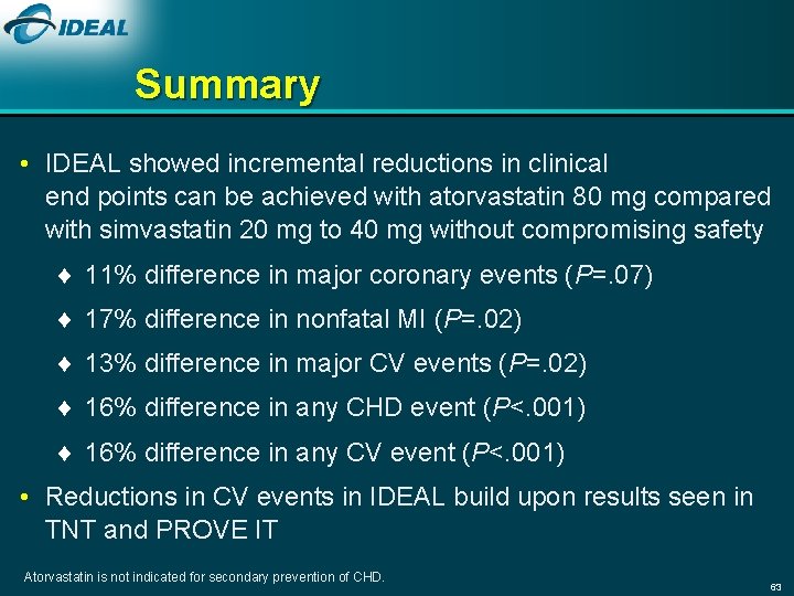 Summary • IDEAL showed incremental reductions in clinical end points can be achieved with