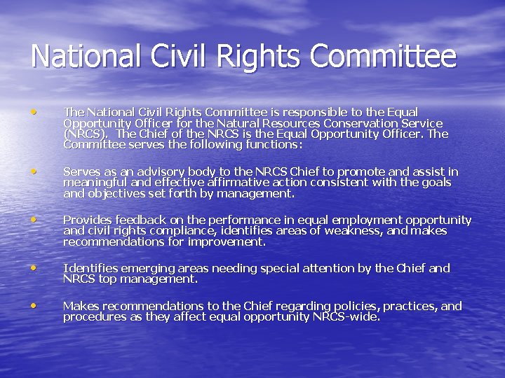 National Civil Rights Committee • The National Civil Rights Committee is responsible to the