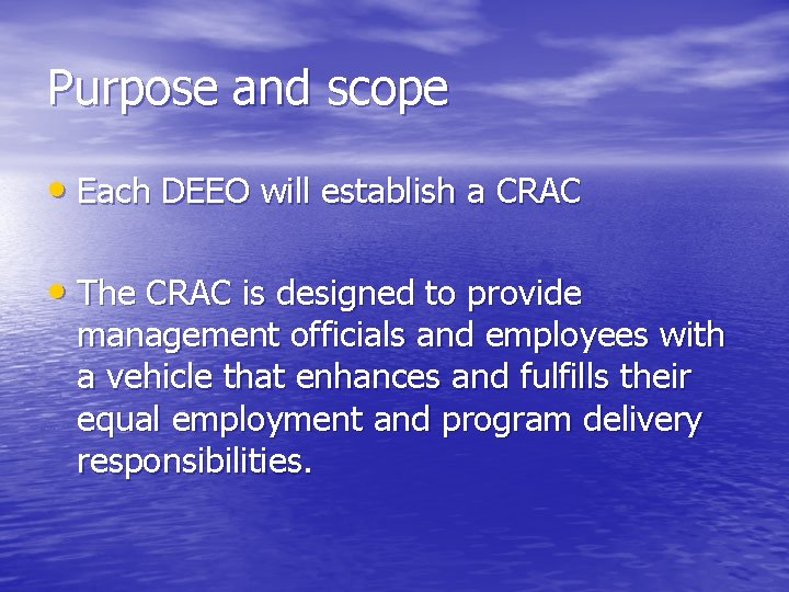 Purpose and scope • Each DEEO will establish a CRAC • The CRAC is