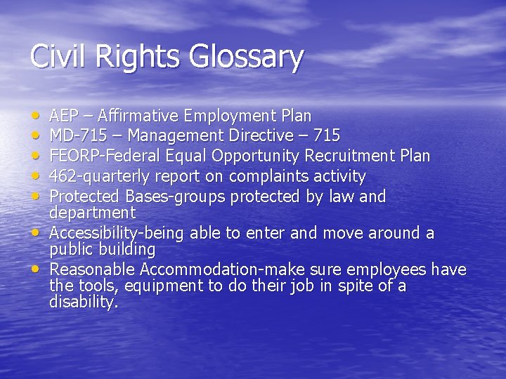 Civil Rights Glossary • • AEP – Affirmative Employment Plan MD-715 – Management Directive