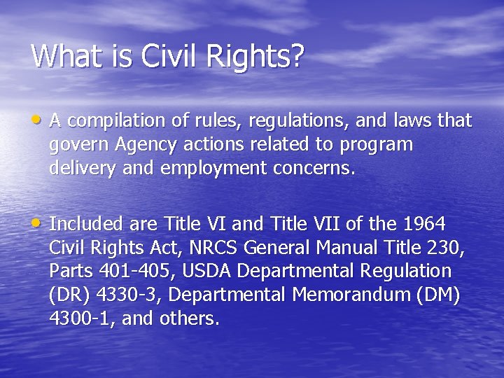 What is Civil Rights? • A compilation of rules, regulations, and laws that govern