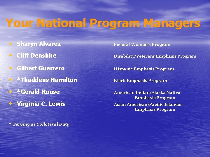 Your National Program Managers • Sharyn Alvarez Federal Women’s Program • Cliff Denshire Disability/Veterans