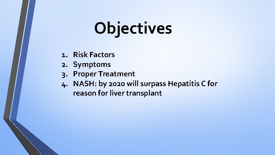 Objectives 1. 2. 3. 4. Risk Factors Symptoms Proper Treatment NASH: by 2020 will
