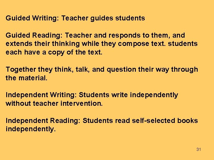 Guided Writing: Teacher guides students Guided Reading: Teacher and responds to them, and extends