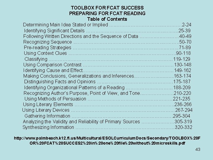 TOOLBOX FOR FCAT SUCCESS PREPARING FOR FCAT READING Table of Contents Determining Main Idea