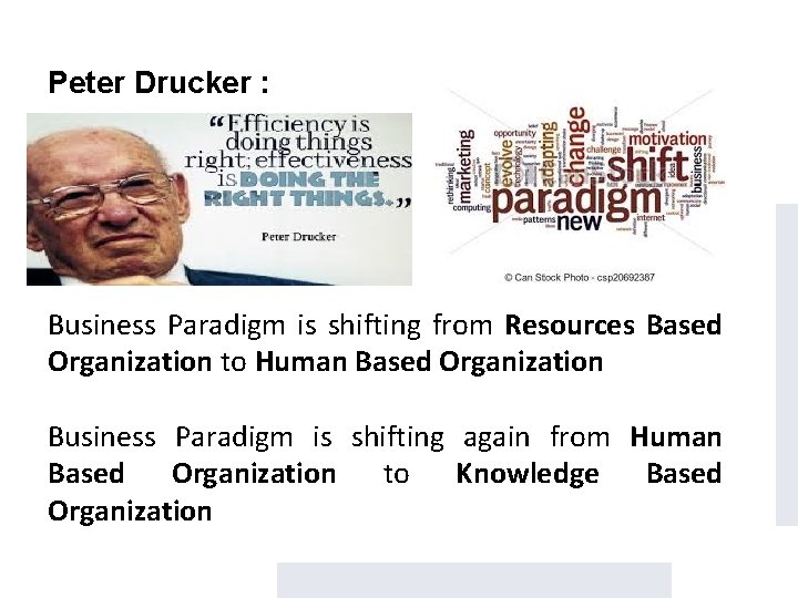 Peter Drucker : Business Paradigm is shifting from Resources Based Organization to Human Based
