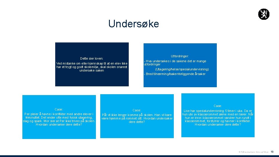 Undersøke Dette sier loven: Ved mistanke om eller kjennskap til at en elev ikke