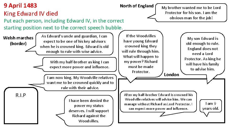 9 April 1483 King Edward IV died North of England Put each person, including