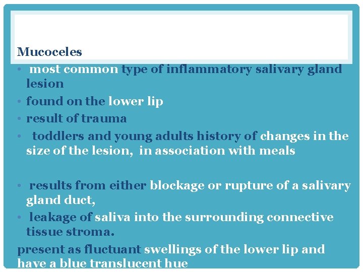 Mucoceles • most common type of inflammatory salivary gland lesion • found on the