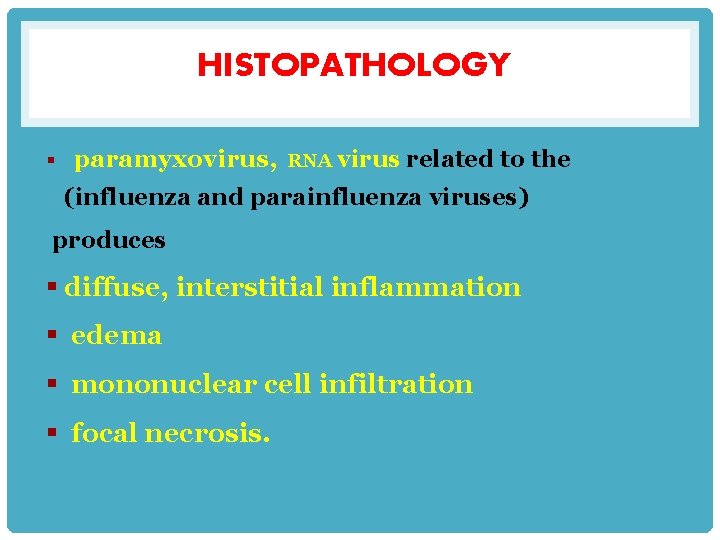 HISTOPATHOLOGY § paramyxovirus, RNA virus related to the (influenza and parainfluenza viruses) produces §