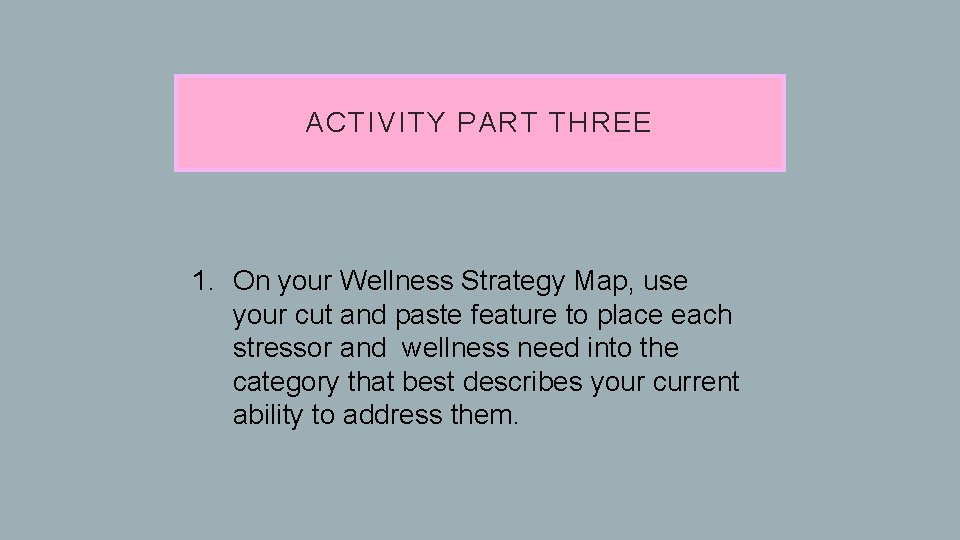 ACTIVITY PART THREE 1. On your Wellness Strategy Map, use your cut and paste