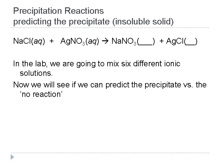 Precipitation Reactions predicting the precipitate (insoluble solid) Na. Cl(aq) + Ag. NO 3(aq) Na. Precipitation Reactions predicting the precipitate (insoluble solid) Na. Cl(aq) + Ag. NO 3(aq) Na.